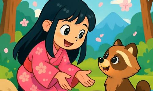Al centro dell'immagine, Ayumi, una ragazza di 10 anni, ha lunghi capelli neri lucenti e occhi pieni di curiosità. Indossa un kimono rosa decorato con motivi di fiori di ciliegio, e il suo viso esprime una gioiosa determinazione. È accovacciata vicino a un ruscello scintillante, con le mani tese verso un piccolo tanuki dagli occhi rotondi e brillanti, che sembra grato e felice. Accanto a lei, il tanuki, un piccolo animale dal pelo morbido e setoso, si erge sulle zampe posteriori, guardando Ayumi con ammirazione. Il suo manto è marrone con segni bianchi sul viso, che aggiungono al suo fascino birichino. Il paesaggio è una foresta giapponese lussureggiante, con grandi alberi dai tronchi spessi e foglie di un verde brillante. Fiori di ciliegio cadono dolcemente attorno a loro, creando un'atmosfera magica. Sullo sfondo, maestose montagne si ergono sotto un cielo azzurro chiaro, punteggiato di nuvole bianche e soffici. La scena principale mostra Ayumi mentre libera il tanuki, che era intrappolato tra le rocce. L'espressione di gioia sul suo viso e la luce morbida del sole che filtra tra gli alberi creano un'atmosfera calorosa e accogliente.