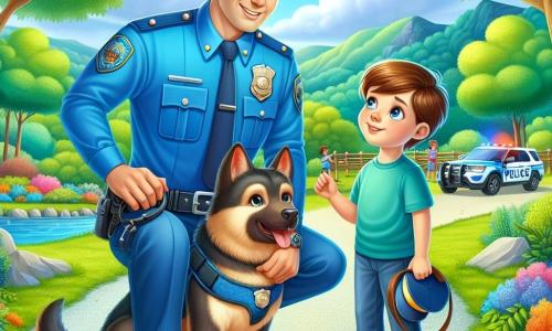 Ein Polizist, etwa dreißig Jahre alt, in einer leuchtend blauen Uniform mit einem glänzenden Abzeichen auf der Brust, steht mit einem warmen Lächeln im Gesicht da und zeigt Stolz und Entschlossenheit. Er streichelt seinen Polizeihund, einen lebhaften und liebevollen Deutschen Schäferhund, der bereit zu einem Abenteuer scheint. Neben ihm steht ein 8-jähriger Junge in einem blauen T-Shirt mit zerzausten braunen Haaren, der den Polizisten bewundernd mit weit aufgerissenen Augen ansieht. Er hält ein kleines Polizeiauto-Spielzeug in den Händen, das seinen Traum symbolisiert, eines Tages Polizist zu werden. Die Szene spielt in einem grünen Park mit majestätischen Bäumen, bunten Blumen und einem Kiesweg, der durch die Landschaft führt. In der Ferne spielt eine Gruppe von Kindern fröhlich auf einem Spielplatz. Die Hauptsituation zeigt den Polizisten, der den Kindern die Bedeutung seiner Arbeit erklärt, während er seinen Hund an der Leine hält, bereit, nach einem verlorenen Kind zu suchen, und eine Atmosphäre von Aufregung und Lernen schafft.