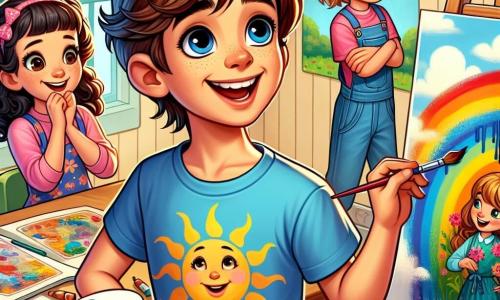 A 10-year-old boy, Ethan, stands in the center of the image with a big smile on his face. He has brown hair, sparkling eyes full of curiosity, and is wearing a blue t-shirt with a sun pattern. He is painting on a canvas, his hands slightly stained with colorful paint, showing his enthusiasm and creativity. To his right, Lily, a 9-year-old girl with curly hair in a pink dress, admires Ethan's painting with wonder. She holds a paint palette, ready to join in. On the left, Sam, a 10-year-old boy with glasses and a green t-shirt, laughs while holding a brush, ready to make a joke about the bright colors Ethan is using. The scene takes place in a bright classroom filled with colorful posters on the walls, wooden tables where other students are also painting, and a large window letting in sunlight, creating a joyful atmosphere. The main situation shows Ethan, surrounded by his friends, creating artwork for the school exhibition, illustrating the joy of discovery and friendship through art.