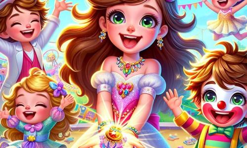 Clara, ein 11-jähriges Mädchen mit langen braunen Haaren und einer großen rosa Schleife, steht im Mittelpunkt des Bildes. Sie trägt ein buntes Prinzessinnenkostüm mit glitzernden Pailletten und strahlt vor Aufregung und Freude. In ihren Händen hält sie einen kleinen funkelnden Schatz und lächelt strahlend. Neben ihr springt Max, ein 10-jähriger Junge mit einer roten Clownsnase und einem Clownkostüm, vor Freude in die Luft, seine Arme zum Himmel erhoben. Er hat zerzauste Haare und ein breites Lächeln. Lisa, ein 9-jähriges Mädchen im Feenkostüm mit glitzernden Flügeln, tanzt um sie herum, während ihre blonden Haare im Wind wehen, sie lacht und klatscht. Der Hintergrund zeigt einen bunten Park mit Bäumen, die mit Lichterketten geschmückt sind, und Karnevalständen voller Süßigkeiten. Bunte Ballons schweben am blauen Himmel, während Kinder fröhlich um sie herum spielen. Die Hauptsituation zeigt Clara und ihre Freunde, die einen kleinen Schatz unter einem großen Baum entdecken, umgeben von Lachen und Musik, und fängt den fröhlichen und festlichen Geist des Karnevals ein.