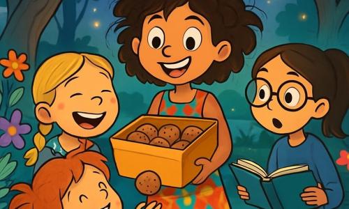 Er zijn 4 kinderen: - Lola: een 9-jarig meisje met grote nieuwsgierige ogen en rommelig krullend haar, ze draagt een kleurrijke jurk en houdt een grote doos koekjes vast. Ze staat in het midden, glimlachend en enthousiast. - Nienke: een 9-jarig meisje met gevlochten blond haar en een rond gezicht, ze draagt een gestreept t-shirt en heeft kruimels koekjes op haar wangen, ze staat links van Lola en lacht. - Tessa: een 9-jarig meisje met een bril en bruin haar in een paardenstaart, ze draagt een blauwe trui en houdt een open boek vast, ze staat rechts van Lola en kijkt verwonderd naar de doos koekjes. - Sien: een 9-jarig meisje met rommelig rood haar en een stralende glimlach, ze draagt een bloemenrok en hurkt achter Nienke, klaar om een vallend koekje op te vangen. De locatie is het Mysterieus Moeras, een betoverend landschap met kromme bomen en kleurrijke bloemen die lijken te dansen. Lichte nevel zweeft boven het water en vuurvliegjes flonkerden in de schemering, wat een magische sfeer aan de omgeving toevoegt. De belangrijkste situatie toont de kinderen die een grote gouden doos met magische koekjes ontdekken, terwijl ze lachen en zich verwonderen, omringd door fantastische wezens zoals pratende kikkers en glinsterende vijvers.