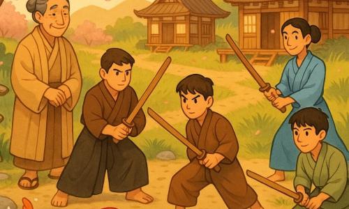 Een rustige glimlachende Haru, oudere man met grijzend haar in lage knot en eenvoudige beige reisrobe en versleten sandalen, staat bij de ronde vijver met gevouwen handen en welwillende blik; links Shiba-sensei, rond de 55, gezet en stijf, korte haren en dikke wenkbrauwen, donker hakama, bokken in guard-positie; rechts Aoi-sensei, rond de 45, slank en soepel, zwarte staart, lichtblauw kimono, bokken in vloeiende beweging; dichtbij Shiba staat de serieuze Tetsu (ca. 14) in bruin kimono, stevig gewortelde voeten en bokken opgeheven, naast Aoi de snelle, slanke Ren (ca. 13) in lichtgroen kimono klaar om te draaien; kleurrijke karpers springen in bogen uit de vijver en spatten parelend water, de ronde vijver is omgeven door gepolijste keien en een met mos bedekte stenen lantaarn, traditionele houten dojo's op de achtergrond, vallende roze kersenbloesemblaadjes, hoge grassprieten en aarde paden, landelijke Japanse sfeer — beide scholen voeren samen een kata uit aan de waterkant terwijl gouden bladeren vallen en karpers opspringen, warme ochtend-/avondsfeer, heldere contrasten en zachte kleuren.