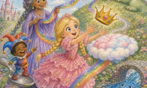 Eine lächelnde, überraschte Prinzessin mit blonden Zöpfen in einem rosa Rüschkleid mit kleinen goldenen Sternen streckt die Hände nach einer kleinen, glänzenden goldenen Krone aus, die rollt und eine Spur silberner Glitzer hinterlässt; links steht auf einem riesigen Löffel ein winziger Narrjunge (ca. 7) mit rotgeglöckeltem Dreispitz und lacht, während er die Richtung zeigt; hinter der Prinzessin hält eine alte Fee mit grau geflochtenem Haar und lavendelfarbenem Kleid ein langes Regenbogenband mit kleinen Sternen und reicht es zur Krone; im Hintergrund liegt auf einer grasbewachsenen Hügel ein schlafender, zarter grüner Drache wie ein Kissen und pustet Seifenblasen aus der Nase; die Szene spielt in einem verwunschenen Garten mit bunten Pflastersteinen, rosa und gelben Blumen, die funkelnden Staub abgeben, einem lächelnden Bächlein und blauem Himmel mit Luftballons und zeigt den fröhlichen Moment, in dem die Prinzessin die Krone beinahe auf einem Wolken- und Zuckerwattekissen fängt, während das Regenbogenband um sie tanzt.