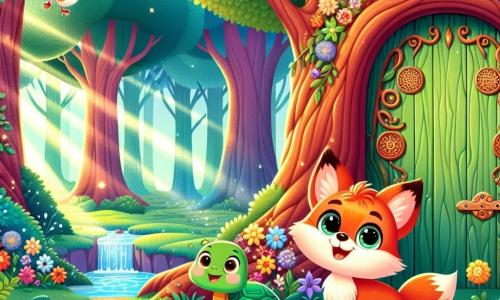Un pequeño zorro llamado Rufi, con un pelaje naranja brillante y ojos llenos de curiosidad, se encuentra frente a una gran puerta de madera decorada con motivos coloridos en un majestuoso árbol. Sonríe ampliamente, listo para explorar. A su lado, una tortuga llamada Lila, con un caparazón verde y ojos dulces, mira la puerta con asombro, sus patas delanteras apoyadas en el suelo, llena de entusiasmo. Un pequeño pájaro azul, Pío, vuela alegremente sobre ellos, con las alas extendidas, cantando con emoción. El lugar es un bosque encantado, con árboles de troncos gruesos, flores brillantes de todos los colores y un suave rayo de sol filtrándose a través de las hojas. En la distancia, un arroyo brilla, añadiendo un toque de magia al entorno. La escena principal muestra a Rufi, Lila y Pío, reunidos frente a la puerta misteriosa del árbol, listos para entrar en un mundo mágico, llenos de aventuras y promesas.