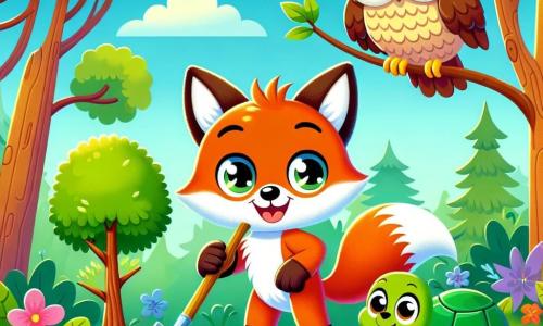 A curious fox with bright orange fur and a fluffy white tail, smiling with sparkling eyes, is planting a young tree in fresh, damp soil. Next to him, a wise owl with brown feathers and round golden eyes perches on a branch, watching with pride and encouragement. A small green turtle, with a shiny shell and mischievous eyes, is picking up litter near a sparkling river. The setting is a lush forest filled with majestic trees and colorful flowers, under a clear sunny blue sky. The main scene shows the three friends enthusiastically working together to care for their environment by planting trees and cleaning the river, creating a joyful and collaborative atmosphere.