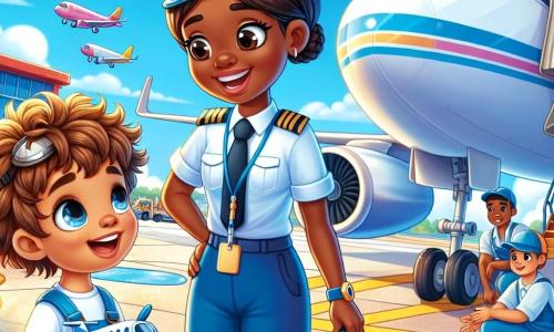 Clara, eine lächelnde Pilotin, trägt eine blaue Pilotenuniform mit einer Mütze, ihre braunen Haare zu einem Dutt gebunden. Sie steht neben ihrem glänzend weißen Flugzeug, mit offenen Armen, strahlend vor Freude und Aufregung, bereit, Kinder für einen Abenteuerflug an Bord zu nehmen. Max, ein etwa 8-jähriger Junge mit zerzausten blonden Haaren und funkelnden Augen, hält ein kleines Flugzeugmodell in seinen Händen. Er steht neben Clara, schaut bewundernd und ungeduldig auf das Flugzeug, ein großes Lächeln im Gesicht. Die Szenerie ist ein belebter Flughafen mit bunten Flugzeugen im Hintergrund, Mechanikern, die an anderen Flugzeugen arbeiten, und einem strahlend blauen Himmel, der mit ein paar flauschigen weißen Wolken übersät ist. Clara erklärt den Kindern, wie sie in das Flugzeug einsteigen können, während Max, fasziniert, aufmerksam zuhört, bereit, seinen Traum zu leben, in den Himmel zu fliegen.