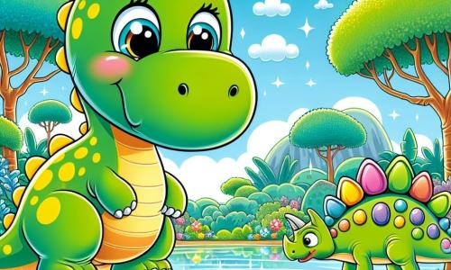 Un diplodocus alegre llamado Dino, con un largo cuello verde y manchas amarillas, está al borde de un lago brillante, sus grandes ojos brillando de asombro. Está mirando su reflejo en el agua, con una amplia sonrisa en su rostro. Junto a él, un estegosaurio llamado Estela, con placas de colores en la espalda y una expresión amigable, se acerca al lago, lista para jugar. Un pequeño triceratops llamado Tico, con cuernos suaves y ojos tristes, se mantiene un poco apartado, buscando a su mamá. El escenario es un paisaje prehistórico vibrante, con árboles gigantes de hojas exuberantes, flores multicolores alrededor del lago y un cielo azul salpicado de nubes esponjosas. La situación principal muestra a Dino y Estela descubriendo el lago mágico, mientras que Tico, que acaba de unirse a ellos, expresa su necesidad de ayuda para encontrar a su mamá.