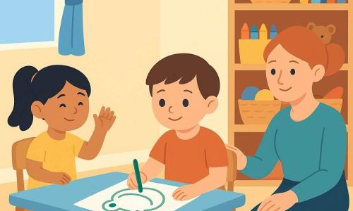 A calm, slightly shy 4-year-old boy, Leo, with a round face, short brown hair and big eyes sits upright on a small chair by a shelf, holding a green crayon and drawing a large green frog on a sheet; nearby, 4-year-old Mia, with black hair in a ponytail, friendly and smiling, sits at a seat by a large left window and waves a small palm greeting, while Ms. Ruby, about 30, with red hair in a bun and a gentle smile, kneels behind Leo with a hand on his chair back encouragingly in a bright nursery classroom with wooden shelves of baskets and toys, colorful crayon boxes, a light-curtained window, a multicolored round rug and pastel low tables, after a small seating dispute—warm atmosphere, soft colors and simple shapes.