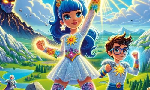 Lila Lichtstrahl, eine Superheldin mit strahlend blauen Haaren und einem leuchtenden Lächeln, steht stolz auf einem Hügel, die Arme zum Himmel erhoben, strahlend vor Licht und lebhaften Farben. Ihr glitzerndes Kostüm, geschmückt mit Blumen- und Sternmotiven, spiegelt ihre Entschlossenheit und Freude wider. An ihrer Seite steht Timo, ein muskulöser Junge von etwa 10 Jahren mit zerzausten braunen Haaren und einem entschlossenen Blick. Er hebt einen großen Stein über seinen Kopf, bereit, ihn als Waffe gegen das Böse zu benutzen. Direkt hinter ihnen passt Tessa, ein 9-jähriges Mädchen mit Brille und roten geflochtenen Haaren, ihr Lichtkanon an, konzentriert und voller Energie. Die Szenerie zeigt eine wunderschöne sonnige Tallandschaft, gefüllt mit bunten Blumen, funkelnden Bächen und majestätischen Bergen am Horizont. Der Himmel ist leuchtend blau, mit fluffigen weißen Wolken. Die Hauptsituation zeigt Lila, Timo und Tessa vereint im Kampf gegen Lord Schatten, eine dunkle und bedrohliche Gestalt, die schwarze Rauchwolken ausstößt. Lila projiziert einen kraftvollen Lichtstrahl, während Timo und Tessa sich bereitmachen, ihr zu helfen, was die Stärke von Freundschaft und Teamarbeit im Angesicht der Widrigkeiten verdeutlicht.