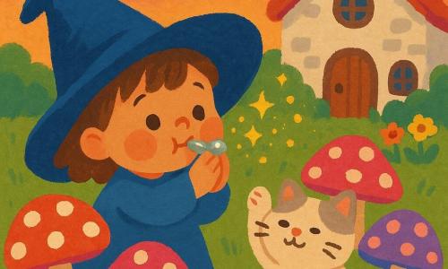 Mia, a joyful curious 3‑year‑old apprentice witch with short chestnut hair and an oversized blue hat falling over her eyes, softly blows a sparkling silver whistle; Puff, a round fluffy cream cat with gray spots, sits beside her blinking and raising a paw toward the whistle; round colorful mushrooms (red, pink, purple with white spots) like little parasols surround them, golden sparks and tiny fireflies drift from the whistle and fall on the mushrooms; a small white stone house with round windows and a tiny garden of tufted grass and smiling flowers sits in the background under a soft twilight sky with a pale moon; gouache style, saturated yet soft colors, visible brush textures, simple strokes and rounded shapes suitable for children.