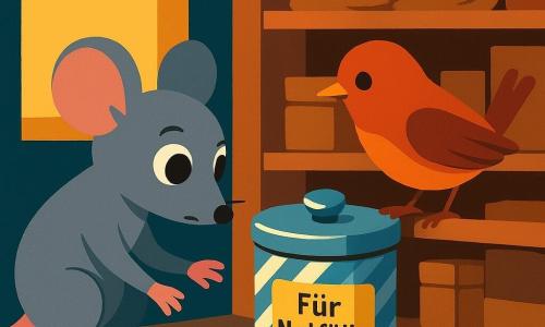 Mika, eine kleine graue Maus mit großen schwarzen Augen und rosa Ohren, hockt zögernd und streckt die Pfote zu einer kleinen glänzenden Metalldose mit lenkradförmigem Deckel; Pippa, ein rötlicher Spatz, sitzt rechts auf einer Holzablage und schlägt aufmunternd mit den Flügeln; die Dose hat Streifen und einen vergilbten Aufkleber „Für Notfälle“, aus einem Riss im Deckel pulsiert ein sanftes Licht und ein leises „piip“; im Hintergrund eine Bäckereihinterkammer mit Holzregalen, Mehlsäcken, gestapelten Kisten, Krümeln auf dem Natursteinboden und einem offenen Fenster mit warmem Spätnachmittagslicht; die Szene zeigt den Moment der Entdeckung und wirkt warm, mit flachen, leuchtenden Farben, einfachen Formen und einer Komposition, die die Figuren und die Dose zentriert.
