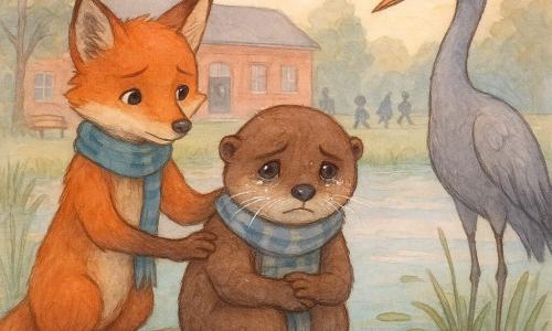 Milo, ein kleiner anthropomorpher Otter, sitzt traurig aber entschlossen auf einem flachen Felsen am Teich, nasses braunes Fell, gestreifter Schal, Pfoten an den Knien; Juna, eine Fuchsschülerin, steht links von Milo, besorgt und zärtlich, legt sanft eine Pfote auf seine Schulter und blickt auf den Teich; Herr Kranich, eine große graue Kranichgestalt, sitzt etwas zurückhaltend rechts, ruhig und aufmerksam, mit einer kleinen Ledertasche; im Hintergrund Schulhof mit rotem Backsteingebäude, geöffneter Tür zum Musikraum und einer Holzbank, verschwommene Tierkinder, die vorbeigehen; der Teich ist still, spiegelt rosafarbene Abendwolken, Schilf und einige schwimmende Blätter, gedämpfte Pastelltöne; emotionale Hauptszene: die Kinder gedenken am Wasser nach dem Tod ihrer Lehrerin, melancholisch aber friedlich, Komposition zentriert auf Milo und Junas tröstende Geste, Aquarelltexturen mit feinen weißen Gelstiftakzenten für Reflexe und Tränen.
