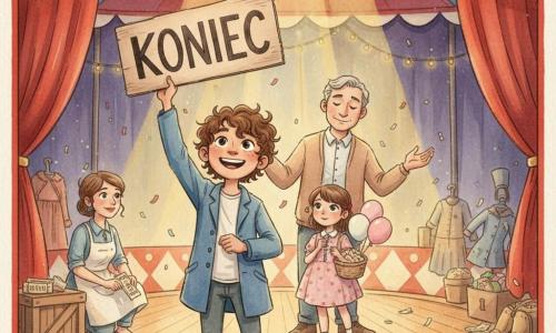 Dziesięcioletni chłopiec z kręconymi brązowymi włosami w za dużej niebieskiej kurtce trzyma dużą kartonową tablicę z napisem FIN; obok, nieco w tyle po prawej, dziewięcioletnia Lila w sukience w groszki sprzedaje popcorn i trzyma koszyk z różowo-białymi balonami; pośrodku, nieco z tyłu, około czterdziestoletni pan Bąbel z siwymi włosami i miękkim kardiganem uspokajająco pokazuje artystom, jak oddychać; po lewej, około trzydziestoletnia Wera w fartuchu kuca przy kasie i rozdaje bilety; scena wewnątrz kolorowego dużego namiotu cyrkowego z drewnianą podłogą, czerwonymi kotarami, ciepłymi światełkami, porozrzucanymi kostiumami i delikatnym konfetti na podłodze — spokojny, radosny moment tuż przed finałem, miękkie złote światło i atmosfera oczekiwania.