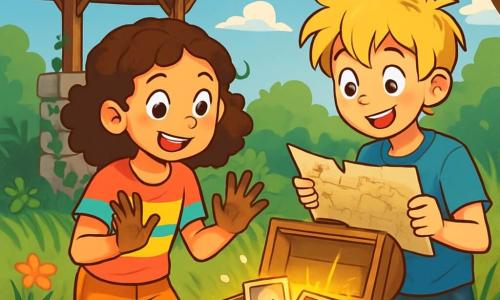 A 12-year-old girl, Anna, with curly brown hair and sparkling curious eyes, stands in front of an old stone well, her face lit up with excitement and determination. She wears a colorful t-shirt and shorts, her hands covered in dirt from her adventure. Next to her, her friend Max, also 12, with messy blond hair and a wide smile, gazes at the well with wide eyes, holding a treasure map. The well is surrounded by tall green grass and climbing ivy, while colorful wildflowers add a magical touch to the scene. The deep blue sky is dotted with fluffy white clouds, and sunlight filters through the tree branches, creating dancing shadows on the ground. Anna and Max are discovering a hidden treasure, an old wooden chest partially buried in the ground, with glimmers of golden light shining from inside, revealing old photos and a mysterious locket.