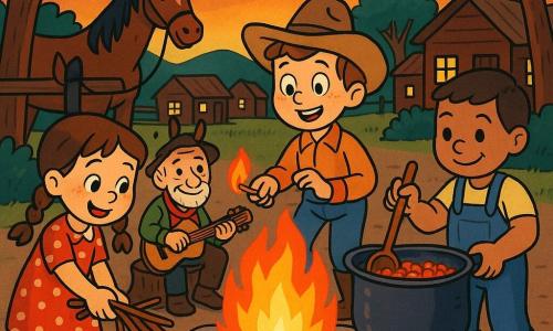 The main character is a ~10-year-old freckled, round-faced boy in a beige cowboy hat and dusty boots, smiling with bright eyes as he lights a crackling campfire; to his left Millie (9) with brown braids in a red polka-dot dress adds dry twigs, and to his right Sam (11), stocky with short hair in blue overalls, stirs a large pot of beans with a ladle; Old Pete (about 60), with a wrinkled face, creased hat and wooden guitar, sits on a stump behind them playing with a gentle, mischievous expression; a brown horse named Blaze with a black mane stands tied to a fence in the background; the clearing by a small wooden village has dusty ground, a stone fire ring, lit cabin windows and an orange-purple sunset sky with early stars, creating a warm, convivial campfire evening of yellow-red flames, sparks and faces lit by firelight as the group shares food, music and smiles.