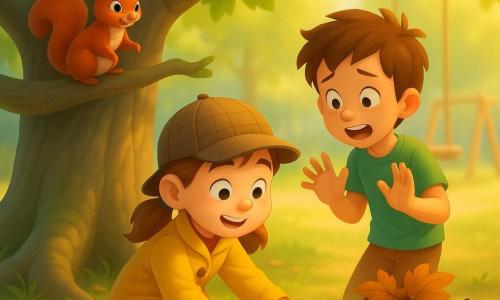 An excited, focused 8-year-old girl with a round freckled face and light brown pigtails, wearing a detective cap and yellow coat, kneels to grab a shiny red notebook; an anxious-then-relieved 8-year-old boy with tousled brown hair in a green T-shirt stands beside her with hands raised toward the found notebook; a small red squirrel (Nutty) with bright eyes and a bushy tail perches on a low branch nearby, mischievous, by a pile of collected objects and acorns hiding the notebook; in the background a large gnarled maple with visible roots, green leaves, dappled shade, a wooden swing and blurred playground, the ground covered in leaves and acorns; main scene: joyful discovery of the red notebook in a hideout under the tree, soft morning light, warm colors, crisp textures, light curious adventure mood.