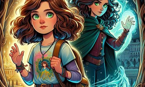 In the center of the image, a determined 12-year-old girl named Lila stands confidently. She has long, slightly wavy brown hair and sparkling curious eyes. She wears a colorful t-shirt and jeans, with a backpack full of books slung over one shoulder. Her face shows a mix of courage and excitement as she prepares to defend her city's magical barrier. Next to her is Aria, a mysterious girl of about 12, standing confidently with messy bright green hair and deep green eyes that seem to glow with magical energy. She wears a cape woven from threads of shadow and light and raises her hands, ready to cast a spell to strengthen the barrier. In the background, the urban park is bathed in the golden light of dusk. Gnarled trees surround a shimmering barrier that pulses with a bluish glow, contrasting with the looming threatening shadows. Children play in the distance, but the atmosphere is tense, as if the whole world is holding its breath. The main scene shows Lila and Aria united, focused on protecting the magical barrier that separates their city from dark forces, as dark silhouettes emerge from the shadows, threatening to disrupt the park's tranquility while Lila and Aria prepare to defend their world with bravery and magic.