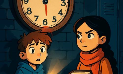 A 12-year-old boy, Jamie, with messy brown hair and wide eyes filled with wonder and fear, stands in front of a large antique clock. He wears a blue hoodie and ripped jeans, his hands trembling slightly as he holds a small flashlight that faintly illuminates the clock's face. Next to him, Aria, a 12-year-old girl with long braided black hair, wears a bright red scarf and looks at the clock with a determined expression. She holds an old book in her arms, as if ready to read an incantation. The setting is the hall of an old school, with dark brick walls, rusty lockers, and a massive clock above them, its hands frozen at 12:17. Shadows dance around them, creating a mysterious and slightly eerie atmosphere. The main situation shows Jamie and Aria discovering a mysterious red stain oozing from the clock, while a light fog rises from the ground, adding a touch of mystery to their nighttime adventure.