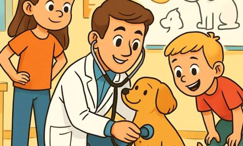 Ein männlicher Tierarzt, Dr. Max, lächelnd und freundlich, mit braunen Haaren und einem weißen Kittel, untersucht einen kleinen, goldhaarigen Hund namens Bello. Er hockt und hält ein Stethoskop, mit funkelnden Augen voller Empathie und Konzentration. Neben ihm beobachtet ein 10-jähriges Mädchen, Lisa, mit langen braunen Haaren, fasziniert und mit den Händen in den Hüften, voller Bewunderung für den Tierarzt. Ein 9-jähriger Junge, Tom, mit kurzen blonden Haaren, lehnt sich neugierig vor, mit einem breiten Lächeln im Gesicht. Die Szene spielt in einem hellen und einladenden Untersuchungsraum, der mit bunten Postern über Tierpflege geschmückt ist, mit verstreuten Spielzeugen auf dem Boden und einer großen Tafel, auf der Tiere gezeichnet sind. Die Hauptsituation zeigt Dr. Max, der das Herz von Bello abhört, während Lisa und Tom, gefesselt, aufmerksam zuschauen und gespannt darauf sind, wie sie den Tieren helfen können.