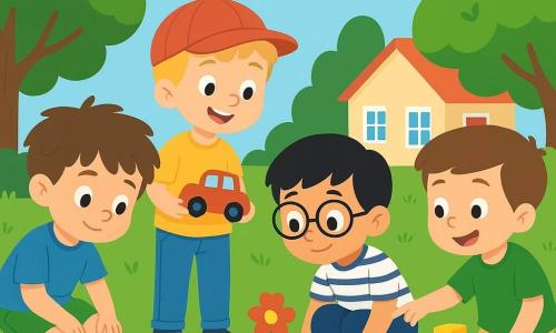 Er zijn 4 kinderen: Tim, een 6-jarig jongetje met rommelig bruin haar, in een blauwe t-shirt en groene shorts, zit in het gras met zijn handen op zijn knieën en een nieuwsgierige blik. Raf, een 5-jarig jongetje met blond haar en een rode pet, draagt een gele t-shirt en jeans, staat met een grote glimlach en houdt een kleine rode bus vast. Sam, een 6-jarige jongen met zwart haar en een bril, in een gestreepte t-shirt en blauwe shorts, hurkt bij de bloemen en kijkt aandachtig met grote ogen. Max, een 5-jarig jongetje met kastanjebruin haar, in een groene t-shirt en beige broek, staat naast Tim en wijst naar een kleine toren van blokken die hij heeft gebouwd. De locatie is een mooie zonnige tuin vol kleurrijke bloemen, groene bomen en een goed onderhouden gazon. Op de achtergrond staat een klein huis met een rode deur en witte ramen, wat een warme sfeer toevoegt. De kinderen zijn bezig met het zoeken naar een verloren bal, ze buigen zich, kijken naar de grond en kijken elkaar aan met vastberaden en blije gezichten, klaar om het mysterie samen op te lossen.
