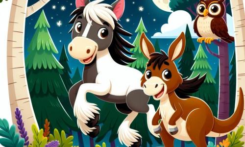 Un cal pe nume Zippy, cu o coamă ondulată alb-negru, se află într-o pădure luminoasă, cu ochii strălucind de bucurie și curiozitate, sărind de fericire. Lângă el, un cangur pe nume Bob, cu blana maronie, zâmbește și se pregătește să sară. În fundal, o bufniță cu pene pufoase îi observă cu un zâmbet prietenos. Pădurea este plină de copaci înalți și flori colorate, iar luna luminează scena. Zippy și Bob sunt entuziasmați să exploreze pădurea în căutarea aventurii.