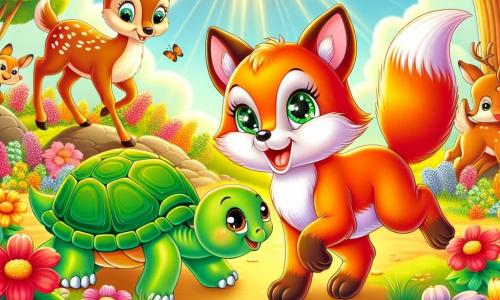 Un pequeño zorro de pelaje naranja brillante, con ojos verdes llenos de curiosidad, se encuentra en el centro de un claro soleado, rodeado de flores coloridas. Expresa gran alegría, saltando con entusiasmo mientras mira a su alrededor. A su derecha, una sabia tortuga con un caparazón verde y ojos dulces sonríe con benevolencia, sentada sobre una piedra, observando a su amigo con orgullo. Al fondo, un grupo de jóvenes ciervos con astas delicadas y ojos brillantes se divierten jugando, añadiendo vida a la escena. El lugar es un hermoso claro de primavera, bañado en luz dorada, donde florecen flores silvestres de todos los colores y los majestuosos árboles se alzan, con sus hojas vibrando en la suave brisa. La situación principal muestra al zorro y sus amigos celebrando la belleza de la naturaleza, riendo y bailando juntos, simbolizando la llegada alegre de la temporada primaveral.