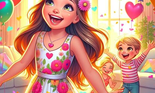 Ein 8-jähriges Mädchen, Amelie, mit langen braunen Haaren und strahlenden Augen, singt begeistert in einem Wohnzimmer, das mit bunten Papierherzen dekoriert ist. Sie trägt ein hübsches Blumenkleid und hat eine kleine Blume im Haar, ihr Gesicht strahlt vor Glück und Aufregung. Neben ihr tanzt ihr 5-jähriger Bruder Felix mit zerzausten blonden Haaren und einem strahlenden Lächeln, die Augen glänzen vor Bewunderung für seine Schwester. Ihre Mutter, eine Frau in den Dreißigern mit braunen Haaren und einem warmen Lächeln, schaut sie mit Zuneigung an, die Arme offen, bereit, sie zu umarmen. Das Wohnzimmer ist hell, mit Sonnenstrahlen, die durch die Vorhänge scheinen, und bunten Ballons, die von der Decke schweben, was eine festliche und fröhliche Atmosphäre schafft. Amelie singt ein Liebeslied für ihre Mutter, umgeben von einer Stimmung des Glücks und der Feier zum Muttertag.