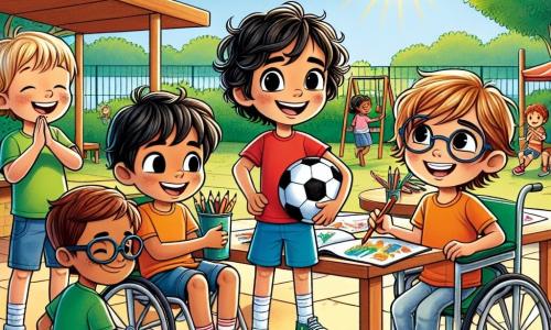 Em um canto ensolarado do recreio da Escola Primária das Estrelinhas, quatro crianças se reúnem em torno de uma grande mesa de madeira. Miguel, um menino de seis anos com cabelos castanhos e cacheados, usa uma camiseta vermelha e um short azul, sorrindo enquanto segura uma bola de futebol. Lucas, outro menino de seis anos com cabelos loiros e óculos, está sentado em uma cadeira, desenhando com lápis de cor, vestindo uma camiseta verde e jeans. Tiago, um menino de seis anos com cabelos pretos e lisos, está em sua cadeira de rodas, vestido com uma camiseta laranja, aplaudindo alegremente para incentivar os amigos. João, um menino de seis anos com cabelos castanhos e olhos curiosos, está em pé ao lado de Miguel, segurando um livro ilustrado, pronto para compartilhar uma história. O local é um recreio iluminado, com árvores verdes e flores coloridas ao redor, e o chão coberto de grama bem cuidada, enquanto risadas de crianças ecoam no ar. A cena principal mostra os quatro amigos colaborando, com sorrisos radiantes, discutindo e trocando ideias para seu projeto escolar, ilustrando a magia da amizade e da criatividade.