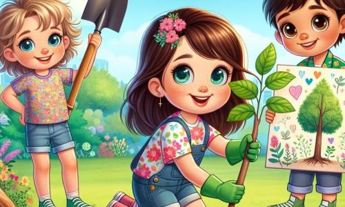 Uma menina de 6 anos, chamada Lia, com longos cabelos castanhos e olhos curiosos, está no centro da imagem, sorridente e cheia de energia, plantando uma muda de árvore na terra. Ela usa uma camiseta colorida com estampas de flores e um short jeans, e está com luvas de jardinagem verdes. Ao lado dela, seu amigo João, um menino de 7 anos com cabelos loiros bagunçados e óculos, segura uma pá e a ajuda a cavar um buraco, parecendo concentrado e entusiasmado. Um pouco mais longe, Sofia, uma menina de 6 anos com cabelos cacheados e pele clara, exibe um grande painel colorido com desenhos de árvores e palavras encorajadoras, sorrindo orgulhosamente para seus amigos. O local é um parque verdejante, repleto de árvores majestosas, flores vibrantes e um céu azul claro com algumas nuvens brancas. A cena principal mostra Lia e seus amigos em ação, plantando árvores e conscientizando os transeuntes sobre a importância de proteger o meio ambiente, com uma atmosfera alegre e colaborativa, ilustrando a esperança e o compromisso das crianças por um futuro melhor.