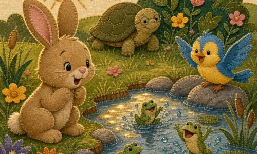 A small light-brown plush rabbit with big soft ears and a twitching nose sits on its haunches, smiling and watching the sparkling pond; a cheerful yellow-and-blue tit named Twinkle perches on a rock to the rabbit’s right looking at the frogs; an old turtle named Toby with an olive textured shell stands near a bush in the background watching the friends; the pond at the meadow’s edge has golden reflections, round green lily pads, smooth stones, trimmed grass and colorful flowers; little green frogs splash with droplets like sewn beads; afternoon warm low sunlight casts long shadows, creating a joyful, peaceful scene with visible sewn fabric textures, cut edges and seams.