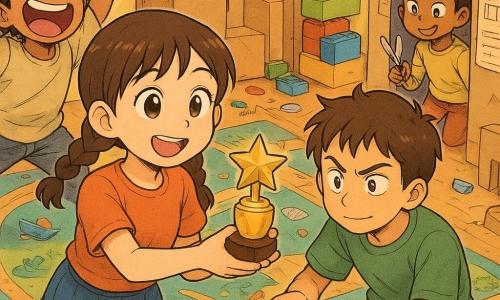 Ein farbenfrohes Kinderatelier: ein 12-jähriges Mädchen, freundlich und begeistert, rundes Gesicht, braune Zöpfe, große funkelnde Augen, lächelt sanft und streckt die Hand nach einem kleinen goldenen Pokal aus; links Jonas (ca. 12), schelmisch und laut, strubbeliges Haar, Papierkrone, hüpft und zieht eine komische Grimasse; rechts Leyla (ca. 12), verschmitzt und konzentriert, kurze Frisur, hochgezogene Augenbraue, kniet vor erklärenden Papierplakaten; Ben (ca. 12), ruhig und handwerklich, kurze Haare, hält Klebeband und repariert einen Lego-Sockel unter dem Pokal; Leni (ca. 6), stolz und frech, übergroße Sonnenbrille und Büroklammerkette, steht hinter einer Papp-Tür mit der Aufschrift „Musée“ und hält eine verzierte Schere; Standort: ein Zimmer-Atelier mit großem Spielteppich mit Straßen und Fluss, Pappkartons als Gebäude, gestapelten Legosteinen, verstreuten Knöpfen, Papieren und Klebeband; Hauptereignis: Eröffnungsmoment beim Zerschneiden des Bandes, witziges kleines Chaos beginnt — rollende Knöpfe, ein Plastikboot rutscht, alle lachen, warme spielerische Atmosphäre; visueller Stil: leuchtende Farben, sanfte Manga-ähnliche Linien für Kinder, übertriebene Mimik und dynamische Gesten, sichtbare Stoff- und Papptexturen, warmes Licht.