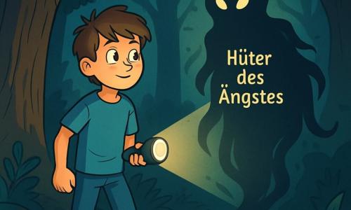 Ein 12-jähriger Junge namens Lukas steht im Zentrum der Szene, mit leuchtenden Augen vor Aufregung und einem mutigen Lächeln. Er hat unordentliche kastanienbraune Haare und trägt ein blaues T-Shirt mit einer abgetragenen Jeans. In seiner Hand hält er eine eingeschaltete Taschenlampe, die den Weg vor ihm erhellt und Schatten im Unterholz offenbart. Neben ihm schwebt der Hüter der Ängste, eine geheimnisvolle Gestalt aus Nebel und Schatten, leicht über dem Boden. Seine Augen leuchten golden, und seine Form verändert sich mit der Bewegung, was eine faszinierende und etwas furchterregende Atmosphäre schafft. Die Kulisse ist ein dichter, alter Wald mit majestätischen, knorrigen Bäumen und dunklen Blättern, durch die Lichtstrahlen des Mondes scheinen. Wurzeln schlängeln sich über den Boden, und leuchtende Pilze verleihen der Umgebung einen Hauch von Magie. Die Hauptsituation zeigt Lukas, entschlossen und neugierig, dem Hüter der Ängste gegenüber, bereit, sich seinen Ängsten zu stellen. Die Szene ist von Spannung und Staunen erfüllt, während der Junge versucht, das Geheimnis des Waldes zu verstehen und das Wesen, das ihn bewohnt, zu besänftigen.