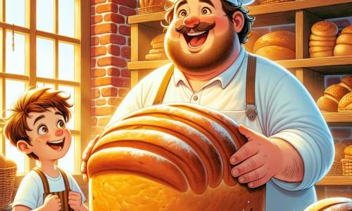 In einer charmanten Bäckerei steht ein lächelnder Mann, Herr Krümel, im Mittelpunkt des Bildes. Er hat ein großes, sanftes Lächeln, einen dicken Bauch, ein dickes Mehlkleid auf seinem weißen Hemd und einen Papierbäckerhut. Er nimmt ein riesiges, goldbraunes Brot aus dem Ofen, seine Augen funkeln vor Stolz und Freude. Neben ihm steht ein neunjähriger Junge, Max, mit zerzausten braunen Haaren und einer kleinen Bäckerhaube, der das Brot staunend betrachtet. Er hat Mehlflecken im Gesicht und an den Händen und hält ein Nudelholz, bereit zu helfen. Ein weiterer Junge, Leo, ebenfalls neun Jahre alt, steht etwas im Hintergrund mit einem großen Brocken Brot in der Hand, seine Augen leuchten vor Aufregung. Er hat ein großes Brotkrümel auf seinem Hemd, was zeigt, dass er bereits die Köstlichkeiten der Bäckerei probiert hat. Die Bäckerei ist ein warmer und einladender Ort mit roten Backsteinwänden, Regalen voller bunter Brote und Gebäck und einem großen Fenster, das Sonnenlicht hereinlässt. Aromen von frischem Brot und süßem Gebäck schweben in der Luft und schaffen eine magische Atmosphäre. Die Hauptszene zeigt Herr Krümel, Max und Leo, die um den Ofen versammelt sind, den Moment feiern, in dem das Brot aus dem Ofen kommt, umgeben von Lachen und Freude, was die Liebe zu Brot und Freundschaft in einer bezaubernden Umgebung veranschaulicht.