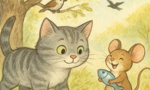 Eine große gestreifte graue Katze mit runden grünen Augen, stolz und beschützend mit erhobenem Schwanz, schnüffelt an einer glänzenden Fischfigur im Gras; daneben eine kleine braune Maus mit rosa Ohren, glücklich und hüpfend, hält den funkelnden Fisch an die Brust; ein brauner-weißer Spatz sitzt auf einem Zweig darüber und schaut schelmisch, aber beruhigt zu; zwei schwarze Raben fliegen in der Ferne davon; alles spielt sich bei einem alten rauen Baum in grünem Gras mit gelben Blumen, fallenden Blättern und Sonnenstrahlen ab und vermittelt Freude und Erleichterung über den wiedergefundenen Fisch.
