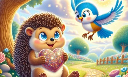 Henry, a small hedgehog with brown quills and sparkling eyes, sits under a large oak tree, holding a shimmering paper heart in his tiny paws, with a big smile on his face. Beside him, Bella, a cheerful little blue tit with bright feathers and a curious gaze, flutters around him, singing with joy while admiring the beautiful gift. The setting is a charming park in Wobbleton, where trees are adorned with colorful flowers and paths are paved with pastel stones, while the sky is a bright blue dotted with fluffy clouds. The scene captures the magical moment when Henry reveals the heart he made for Bella, symbolizing their friendship and the joy of Valentine's Day, surrounded by a warm and festive atmosphere.