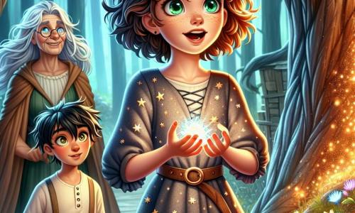 In the center of the image, Lila, an 11-year-old apprentice witch, stands with a look of wonder on her face. She has curly brown hair, sparkling green eyes, and wears a star-patterned witch's robe, holding a shining crystal in her hands. To her right, Rowan, a 12-year-old boy with messy black hair and a mischievous smile, watches Lila with admiration. He is dressed in a simple shirt and canvas pants, seemingly ready to encourage her on her adventure. In the background, the witch Elowen, an elderly woman with a wise face, silver hair, and a flowing long robe, stands slightly back with crossed arms and a benevolent smile, watching the scene with pride. The setting is a magical clearing in the heart of the Whispering Forest, where majestic trees with twisted trunks rise around them, their leaves sparkling in the golden sunlight. Luminescent flowers cover the ground, and a gentle mist floats in the air, creating an enchanted atmosphere. The main scene shows Lila, Rowan, and Elowen gathered in this clearing, just after Lila discovered the magical crystal, illuminating the scene with a bright light, symbolizing the beginning of their magical adventure together.