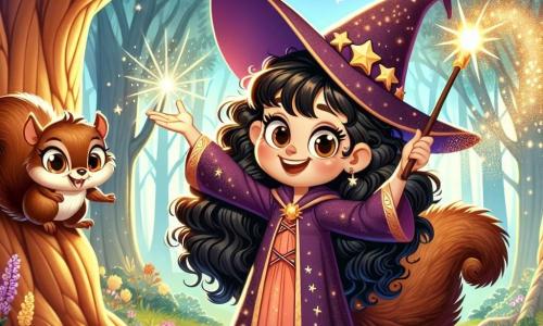 In the center of the image, a young witch named Lily, about 10 years old, stands with a big smile on her face. She has long, deep black curly hair and wears a purple dress adorned with sparkling stars. In her hand, she holds a magic wand emitting a soft golden glow, while she leans down to place a radiant Heartstone at the base of a majestic tree. Beside her, Nutty, a mischievous little squirrel, is perched on a low branch. He has brown fur and a bushy tail, looking at Lily with sparkling eyes, ready to cheer her on in her quest. In the background, the setting is an enchanted forest, with trees having shiny leaves and colorful flowers that seem to dance in the wind. Sunlight filters through the foliage, creating a magical and warm atmosphere. The main scene shows Lily restoring the magic of the Whispering Tree, with beams of light emanating from the Heartstone, illuminating the surrounding landscape and making the eyes of the forest creatures sparkle.