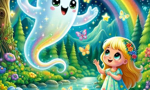 A friendly ghost named Casper joyfully floats above the sparkling Rainbow River. He has an ethereal appearance, with a translucent body that shines like stars and a warm smile illuminating his face. His eyes sparkle with happiness as he reaches out to a little girl. Lily, a six-year-old girl, stands near the river. She has long golden hair that glistens in the sun and wears a colorful dress adorned with flowers. She smiles in wonder at the ghost, her arms raised as if she wants to catch him. The scene takes place by the Rainbow River, where the water sparkles in all the colors of the rainbow, set against an enchanting backdrop of lush forests and vibrant flowers. Majestic trees gently sway, and colorful butterflies flutter around them. In this main moment, Casper and Lily are about to make a wish together by throwing stones into the magical river, creating splashes of light and color, while the river seems to laugh and sparkle around them.