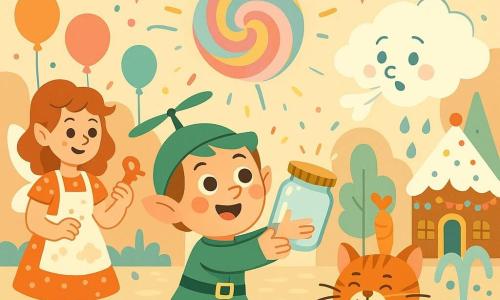 Elfe Lojic, băiat vesel și uimit, cu obraji rumeni și bonetă verde în formă de elice, întinde un borcan cu capac auriu spre o spirală luminoasă pastelată („Miresma Curcubeului Învârtit”) care plutește deasupra; lângă el, zâna cofetar zâmbitoare, cu rochie cu buline și sort pătate de făină, ține o prăjitură în formă de cheie; o pisică vorbitoare jucăușă, cu blană portocaliu-albă, e legată timid de un balon-morcov; un nor pufos, blând, suflă ușor spirala spre borcan; scena are loc în Piața Imposibilă, pavata și strălucitoare, cu fântână care șoptește, casă de zahăr cu acoperiș de frișcă, ghirlande, bannere și baloane, iar confetti, scântei și picături de ploaie-râs învăluie momentul.