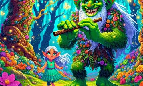 A jovial troll with emerald green skin and sparkling mischievous eyes stands at the center of the scene. He has large pointed ears and a messy hairstyle made of vines and colorful flowers. He smiles widely, showing his bright white teeth while playing the flute to summon the creatures of the forest. Next to him, a young elf named Lyria, around 10 years old, with cascading silver hair, watches in awe. She wears a dress made of shimmering flower petals and holds a small bag filled with magical berries. The setting is an enchanted clearing surrounded by tall trees with twisted trunks and luminescent leaves. Colorful flowers bloom everywhere, and fireflies dance in the air, creating a magical atmosphere. The main situation shows the troll and Lyria united in a quest to awaken the sleeping forest as the troll plays the flute, and fantastic creatures begin to emerge from the bushes, drawn by the joyful melody.