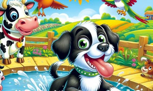 Un perro aventurero llamado Max, con un pelaje blanco y negro brillante bajo el sol, salta alegremente en un gran estanque, salpicando agua a su alrededor. Sus ojos son grandes y brillan de felicidad. A su lado, una vaca risueña llamada Lola, con pelaje marrón y manchas blancas, se encuentra en la orilla, riendo y aplaudiendo, mientras un loro colorido llamado Paco, con plumas verdes y rojas, vuela sobre ellos gritando de alegría. El escenario es una hermosa granja soleada, rodeada de campos verdes, flores coloridas y un cielo azul brillante. La escena muestra a Max divirtiéndose en el agua, mientras sus amigos lo animan y ríen juntos, creando una atmósfera de felicidad y amistad.
