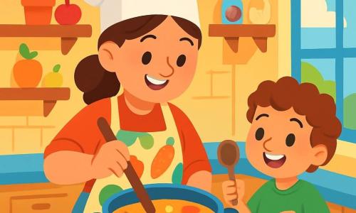 A chef, Maya, a smiling woman with a large white chef's hat, stands in the center of the kitchen. Her eyes shine with joy and focus as she stirs a large pot of golden soup. She wears a colorful apron with vegetable patterns. Next to her, a small boy, her cousin, about 5 years old, watches in amazement. He has curly hair and a bright smile, holding a small wooden spoon, ready to taste the soup. The kitchen is warm and inviting, with pastel yellow walls. Wooden shelves are filled with colorful spice jars and fresh fruits. An open window lets in sunlight, brightening the room. Maya is preparing a delicious soup filled with colorful vegetables while her cousin eagerly waits to taste her creation. The air is filled with the comforting aroma of cooking, creating a joyful and friendly atmosphere.