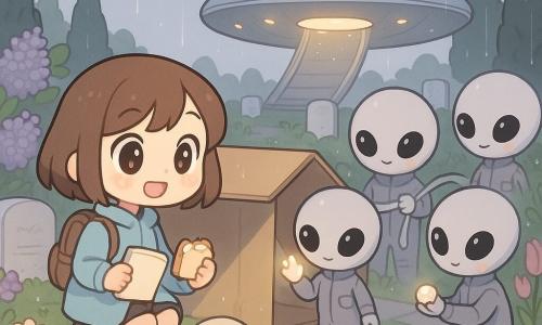 A joyful, curious 10-year-old girl with a brown bob, big bright eyes, blue coat and small backpack crouches by a cardboard shelter holding an open notebook and a half-eaten sandwich while a lunchbox-sized cream metal scout robot with glowing holes rolls among daisies blinking green and gold and points a small glass hand toward her; three small humanoid aliens the girl’s size with pearl-gray skin, gray pocketed suits, large black eyes and glowing cheeks—one greeting with luminous fingers, one unfurling a translucent ribbon to secure the shelter, and one offering a glowing bead—meet her in a peaceful nighttime flowered cemetery of low paved paths, white headstones, lilacs, tulips and wet daisies under dark cypresses and fine rain, as an oval silver ship floats low behind the cypresses with an open ramp and soft light.