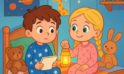 Há 2 personagens principais: Tomás: um menino de 4 anos, com cabelo castanho bagunçado e olhos brilhantes. Ele veste um pijama azul com estrelas brancas. Está sentado em sua cama, segurando um caderno nas mãos, com um olhar curioso e um pouco preocupado. Inês: uma menina de 4 anos, com cabelo loiro trançado e olhos verdes brilhantes. Ela usa um pijama rosa com pequenos corações. Está sentada ao lado de Tomás na cama, sorridente e confiante, segurando uma pequena lanterna amarela. O cenário é um quarto infantil acolhedor, com paredes pintadas de azul claro e pôsteres de planetas e animais. Há uma cama de madeira com lençóis coloridos, uma estante cheia de livros e um tapete macio no chão. Uma suave luz noturna em forma de lua ilumina o ambiente, criando uma atmosfera calma e reconfortante. A situação principal mostra Tomás e Inês sentados na cama, cercados por bichos de pelúcia. Tomás, um pouco preocupado, olha para seu caderno, enquanto Inês lhe mostra sua lanterna, iluminando suavemente seus rostos. Eles compartilham um momento de cumplicidade, prontos para desenhar e superar o medo do escuro juntos.