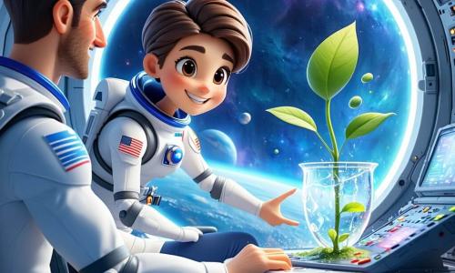 Uśmiechnięta kobieta-astronautka o krótkich brązowych włosach w białym skafandrze z niebieskimi pasami unosi się przy okrągłym oknie, sięga po świecący tablet; po lewej siedzi około 45-letni mężczyzna z delikatnymi wąsami przy konsoli, sprawdzający czerwone i zielone przyciski; między nimi unosi się przezroczysta doniczka z małą zieloną roślinką o dwóch okrągłych liściach i kroplą wody; wnętrze stacji kosmicznej — jasnoszare panele, żółte rury, liny i siatki, w oknie widoczna Ziemia; scena spokojna, pastelowa, proste zaokrąglone kształty dla maluchów.