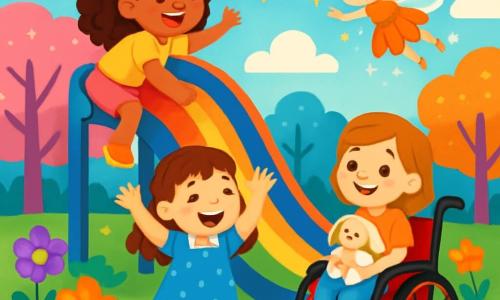 There are 4 characters: - Lily: a 7-year-old girl with curly hair and a bright smile, climbing a large colorful slide, wearing a yellow t-shirt and pink shorts. - Mia: a 6-year-old girl in a blue polka dot dress, at the bottom of the slide, laughing with her arms raised in encouragement. - Sophie: an 8-year-old girl in a red wheelchair, smiling with sparkling eyes, holding a stuffed animal, next to Mia. - Twinkle: a small fairy with sparkling wings and a dress made of flower petals, flying above the girls, illuminating the scene with her magic dust. The setting is a magical park with trees covered in brightly colored leaves, ranging from pink to blue. Vibrant flowers in shades of purple and orange dot the green ground. In the distance, there is a sunny sky with fluffy clouds, and a large spiral slide, shining like a rainbow, attracting children. The main scene shows the four characters joyfully dancing together, joined by a smiling goblin, all surrounded by colorful blooming flowers symbolizing joy and renewed friendship.
