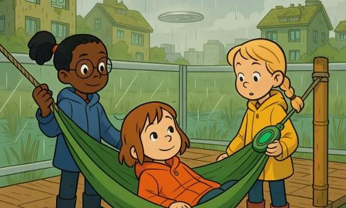 Three girls (~6): Aria, short light-brown hair, curious eyes, orange raincoat, lying in a green hammock center looking at the sky with a small smile; Bina, black ponytail, round glasses, blue raincoat, sitting at the left edge holding a rope, proud and cautious; Cleo, braided blonde, fair skin, yellow raincoat, standing right of the hammock holding a blinking green oval scanner, focused on the marsh. They are on a raised recycled-wood platform above a filtering marsh with transparent railing, bamboo-composite posts, clear green water channels, lily pads and reeds; it's just after rain, humid but comforting, soft light breaking through clouds, silver reflections on the water, and the girls test the urban hammock together.