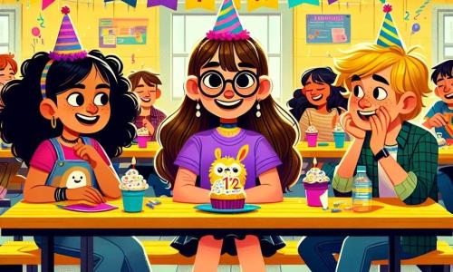 A 12-year-old girl, Maya, with long brown hair and round glasses, smiles joyfully, her eyes sparkling with excitement. She wears a purple t-shirt with a llama design and a denim skirt. She is sitting at a cafeteria table, surrounded by her friends. To her right, Priya, a 12-year-old girl with curly black hair, laughs while holding a colorful birthday card. To her left, Ben, a 12-year-old boy with freckles and a mischievous smile, holds a cupcake topped with a candle. The scene takes place in a lively school cafeteria with wooden tables, bright yellow walls, and festive decorations hanging from the ceiling. Colorful balloons float in the air, and students are laughing and chatting around them. The main situation shows Maya, surrounded by her friends, celebrating her birthday with laughter, surprises, and a big cake, while a festive and joyful atmosphere fills the air.