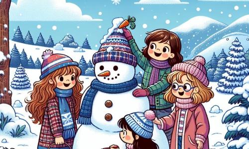 In einem verschneiten Garten sind vier neunjährige Mädchen fröhlich mit einem großen Schneemann beschäftigt. Mia mit langen braunen Haaren und einem roten Schal lächelt, während sie eine Karotte als Nase für Frosty platziert. Neben ihr steht Lina mit lockigem, blonden Haar, die eine blaue Mütze trägt und einen Eimer für den Hut des Schneemanns hält. Emma mit kastanienbraunen Haaren und Brille hockt vor Frosty und zeichnet Kohleaugen auf sein lächelndes Gesicht. Schließlich steht Sophie mit schwarzen Haaren und einer rosa Jacke etwas im Hintergrund und hält eine Kamera, um diesen magischen Moment festzuhalten. Der Garten ist mit einer dicken Schicht glitzernden Schnees bedeckt, und im Hintergrund sind schneebedeckte Hügel unter einem hellblauen Himmel mit einigen sanft schwebenden, bauschigen Wolken zu sehen. Die vier Freundinnen bauen ihren Schneemann, lachen und haben Spaß dabei, während sie Geschichten über die Wintertraditionen teilen, die sie entdeckt haben.