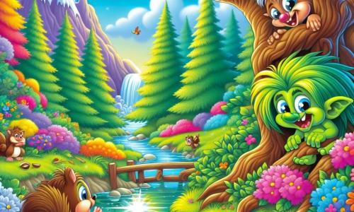 Un troll llamado Trolito, con piel verde brillante y cabello desordenado como un nido de pájaros, ríe a carcajadas escondido detrás de un arbusto. Sus grandes ojos chispeantes de malicia y su amplia sonrisa muestran que está muy feliz de hacer una broma. Cerca, Chispa, una pequeña ardilla de ojos brillantes y pelaje marrón, recoge nueces mientras se ríe de la broma de Trolito. Llena de energía, se mantiene en sus patas traseras, lista para saltar. La escena transcurre en un claro encantado del bosque, rodeado de árboles majestuosos con hojas coloridas y flores multicolores que bailan al viento. Al fondo, un arroyo brilla bajo el sol, reflejando los colores vivos de la naturaleza. En esta situación, Trolito ha preparado una broma haciendo creer a todos que el arroyo se ha convertido en gelatina rosa, y está a punto de saltar para hacer reír aún más a sus amigos.